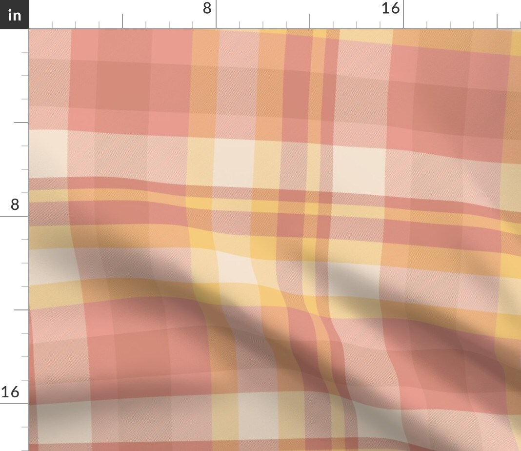 Preppy Retro Pink Peach Yellow Plaid Lines Cottagecore Cabincore Modern Classic Nursery Vintage Bedroom Coastal Large Scale Custom Printed Fabric by Spoonflower Various Fabrics by the Yard or Fat Quarter