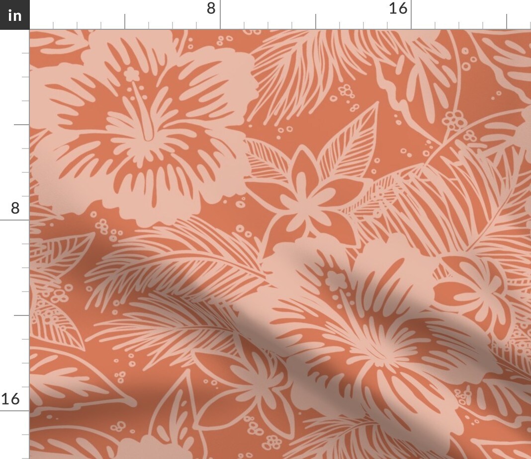Orange Floral Tropical Frangipani Plumeria Polynesian Palm Leaves Flowers Aloha Hawaii Salmon Peach Custom Printed Fabric by Spoonflower Various Fabrics by the Yard or Fat Quarter