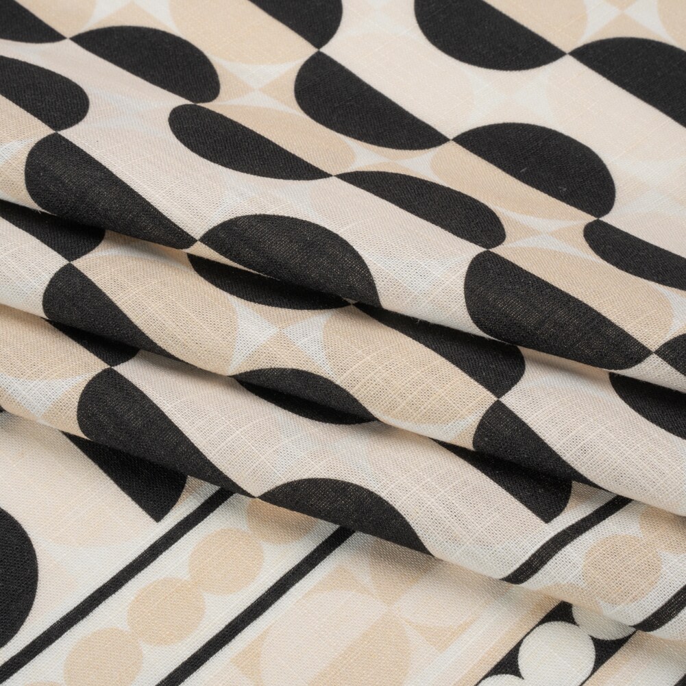 1 Yard Black and White Split Circles Viscose and Linen Woven Panel Print Fabric