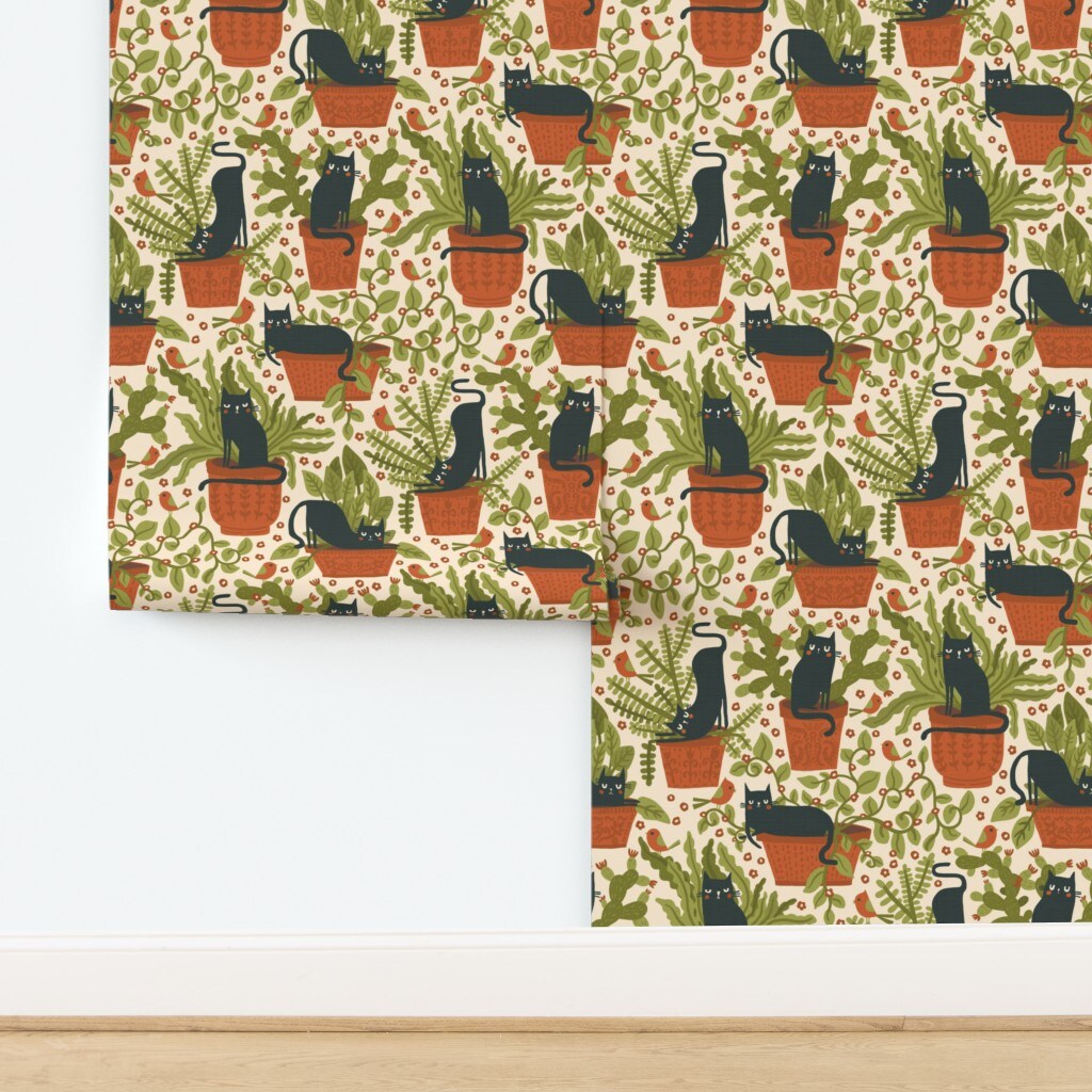 Black Cats Plants Birds Terracotta Green Leaves Botanical Custom Removable Wallpaper by Spoonflower Peel & Stick Wallpaper 2FT Wide
