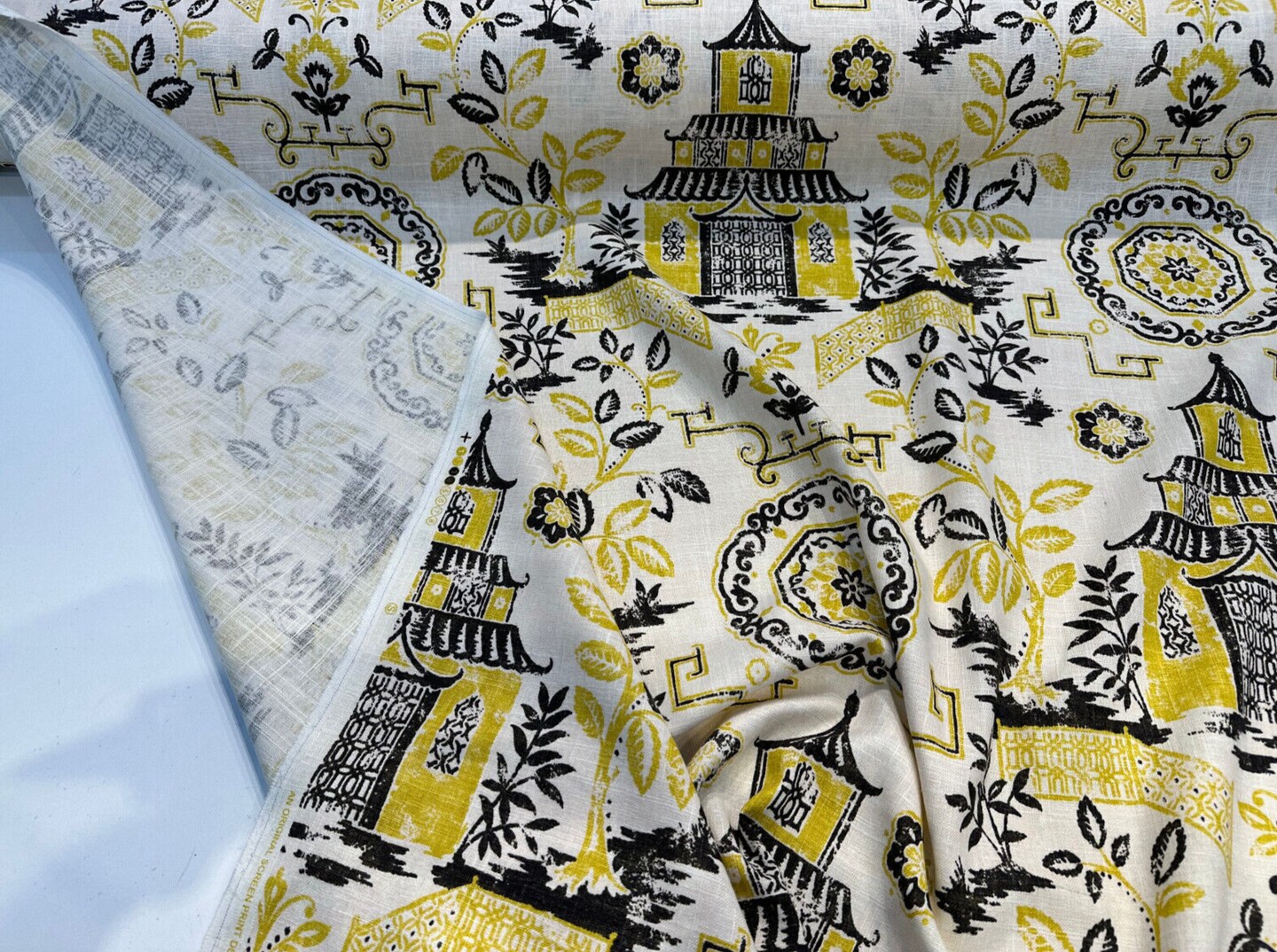 1 Yard Teahouse Toile Yellow Canary Drapery Upholstery Fabric 54 Inches Wide