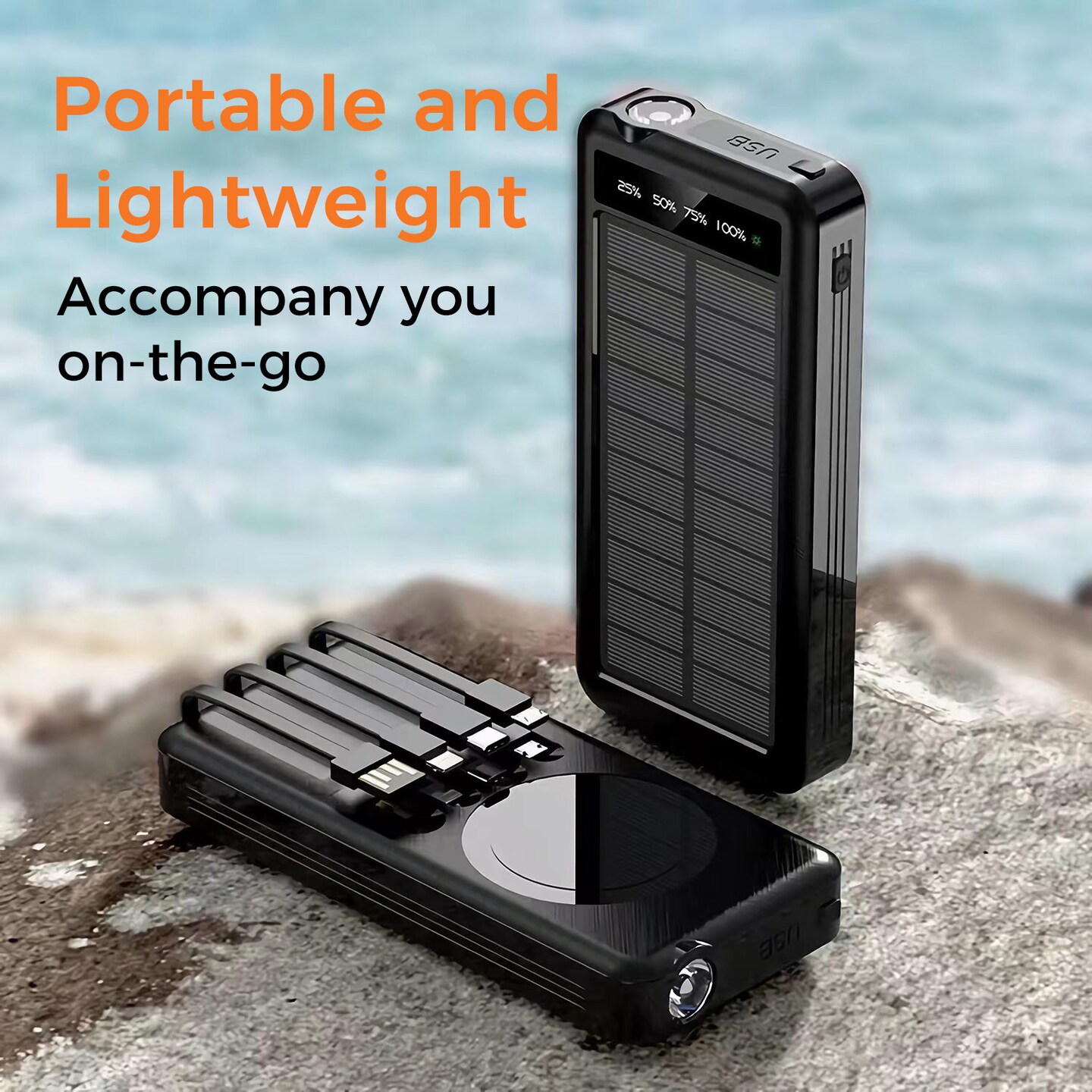 Portable Power Bank w/ Wireless Charging, 4 Built-in Cables, Solar Panel, 10000mAh Battery, IP65 Waterproof, Dustproof, LED Flashlight