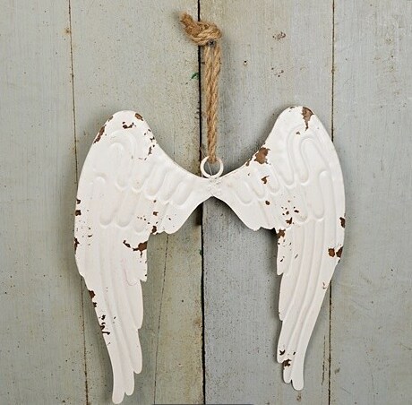 Distressed Metal Angel Wings Ornament – Rustic Farmhouse Christmas & Memorial Décor-M10822