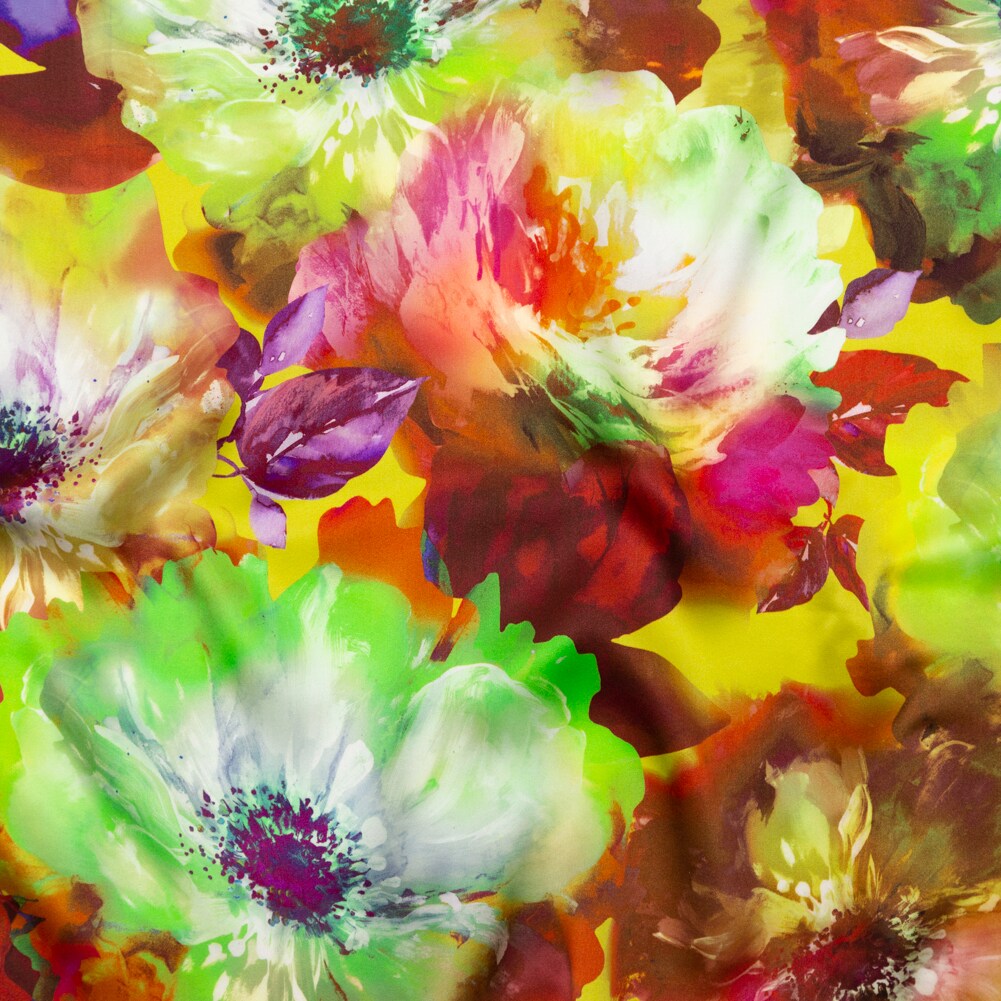 1 Yard Italian Green and Orange Painterly Floral Digitally Printed Silk Charmeuse Fabric 55 inch Width