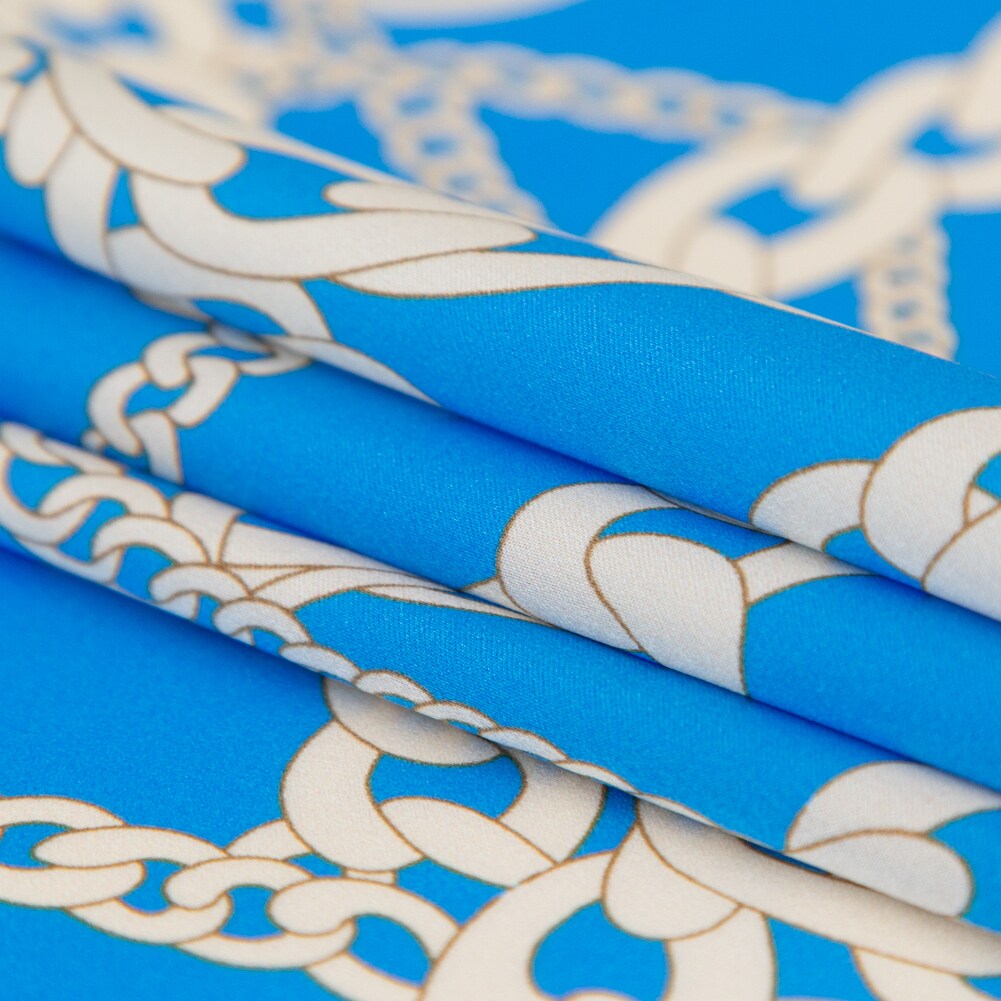 1 Yard Light Blue Oatmeal Chains Digitally Printed Silk Charmeuse, 55 Inches Width