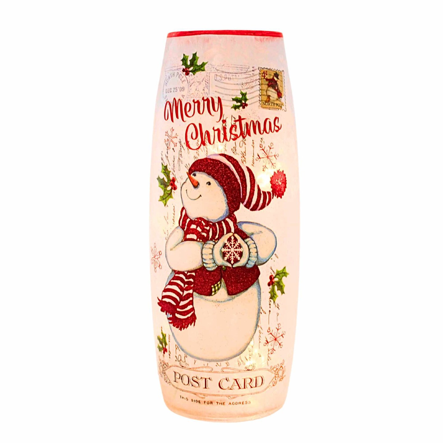 Stony Creek 11.75 In Vintage Postcard Large Vase Christmas Lighted Glass Accent , Electric Pre-Lit Christmas