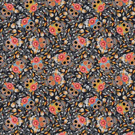 Fabric Stof Dark Gray Skulls and Flowers Calavera by the Quarter Yard 4504-114