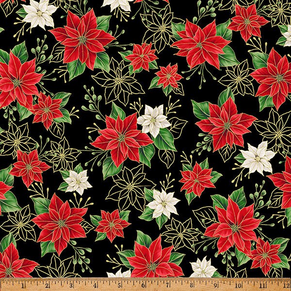 Fabric Hoffman Black Gold Poinsettias Blooming Holidays by the Quarter Yard X7788-4G