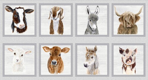 Fabric Blank Quilting Light Gray Animal Block Little Seedlings Farm 36" Quilting Panel 4389P-90
