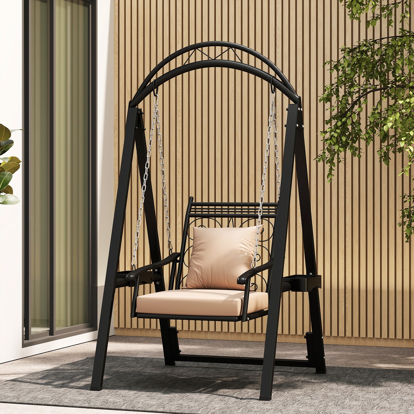 Porch Swing Outdoor with Cushions and Side Tables for Garden or Balcony