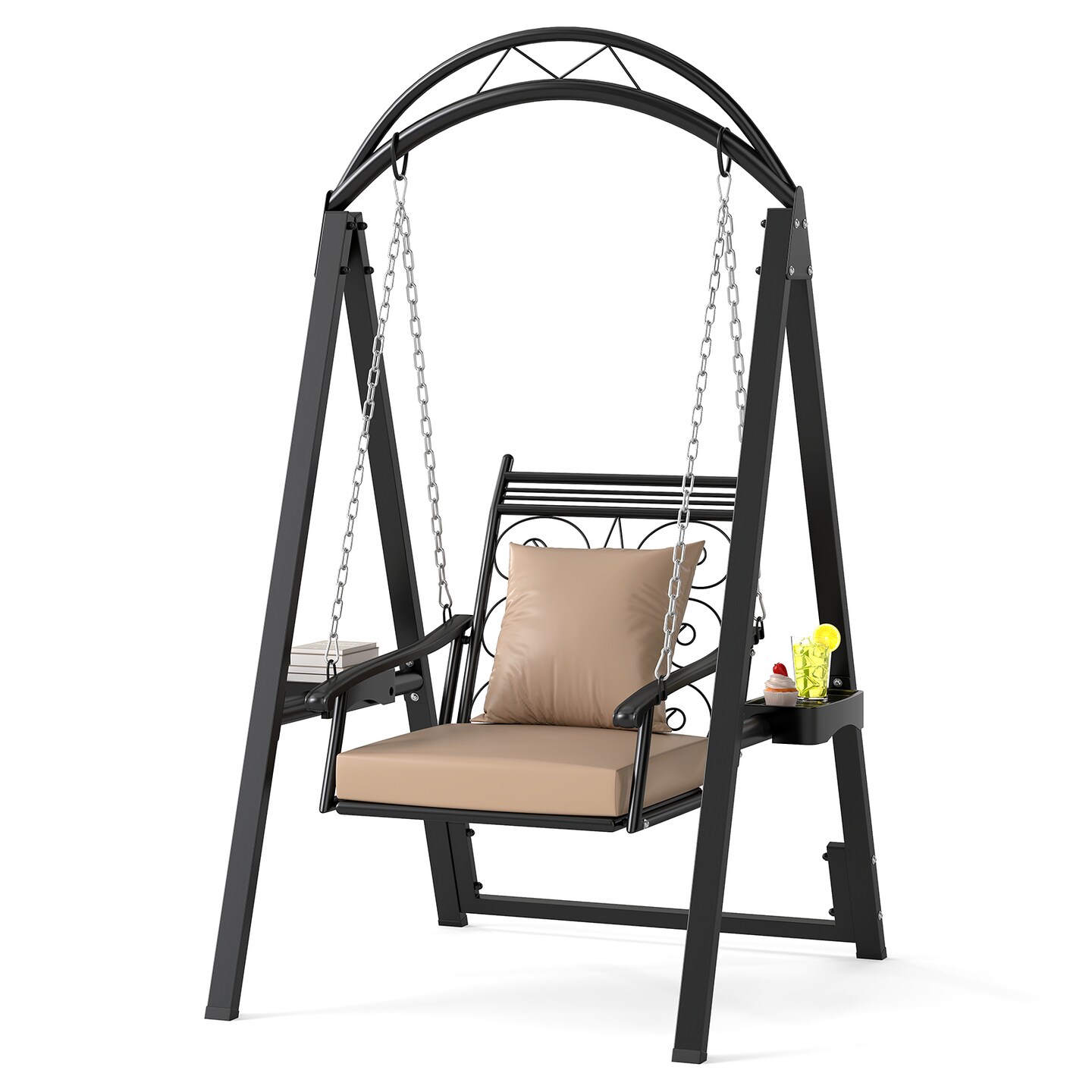 Porch Swing Outdoor with Cushions and Side Tables for Garden or Balcony