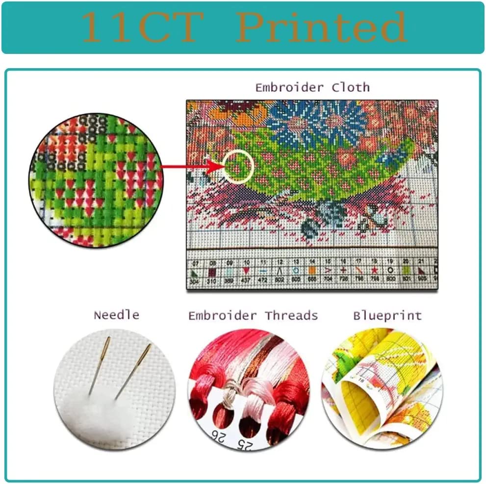 4 Pack Stamped Cross Stitch Kits with Frame - Black Cat Flower Starry Sky Moon Embroidery Kits for Beginners Adults,11 CT Patterns Dimensions Counted Cross Stitch Kits Arts Craft Kits 7.8 x 7.8 inch