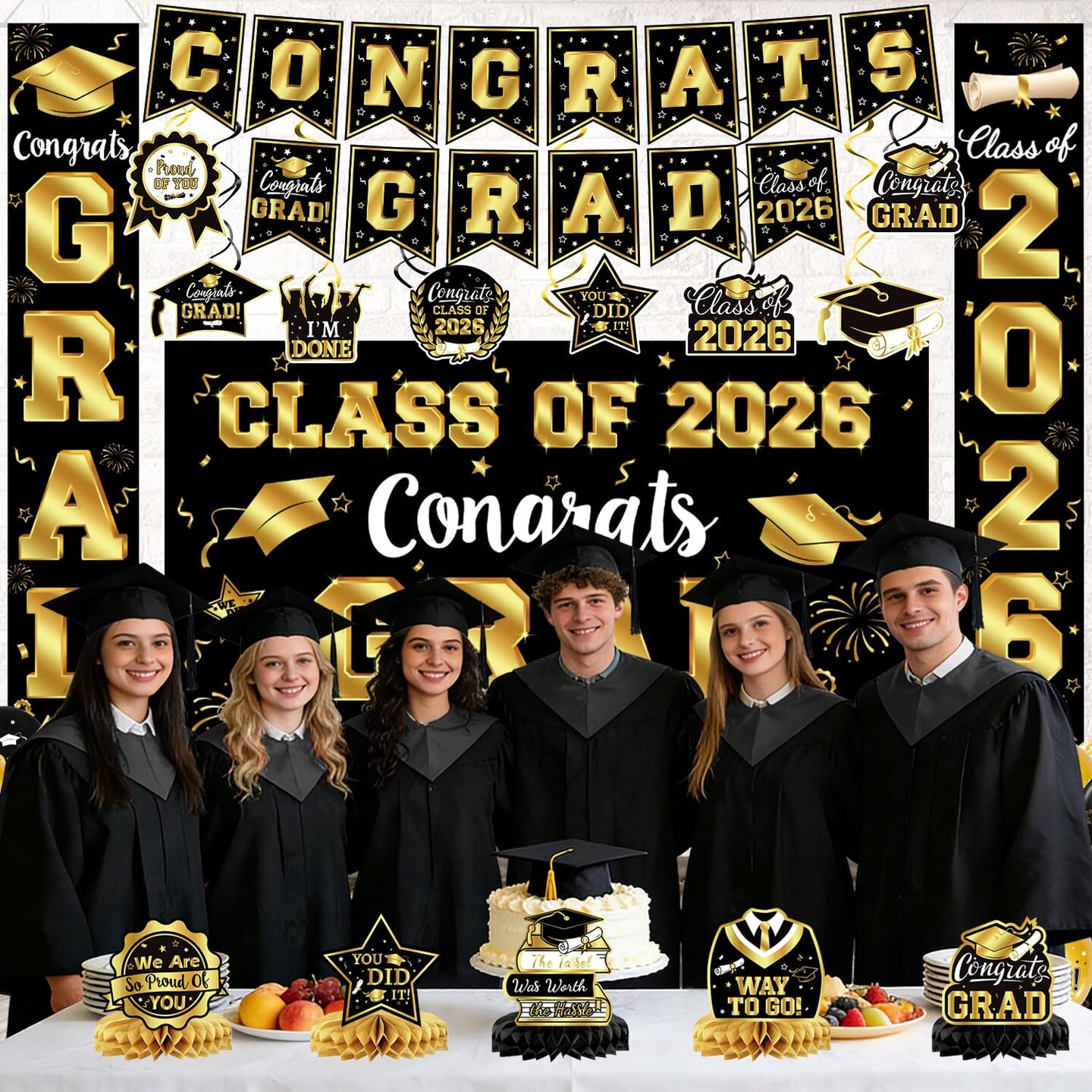 2026 Graduation Decorations - Black and Gold Graduation Decorations Set Congrats Grad Banner & Backdrop, Porch Sign, Hanging Swirls, Balloons, Honeycomb Centerpieces for Congrats Grad Party Decorations