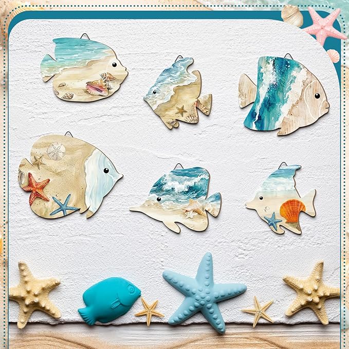 6-Piece Wooden Fish Wall Decor - Vintage Coastal Art Set - Handcrafted Beach Theme Ornaments with Hooks for Lake House, Bathroom, Pool Area, & Garden - Indoor/Outdoor Rustic Wall Art
