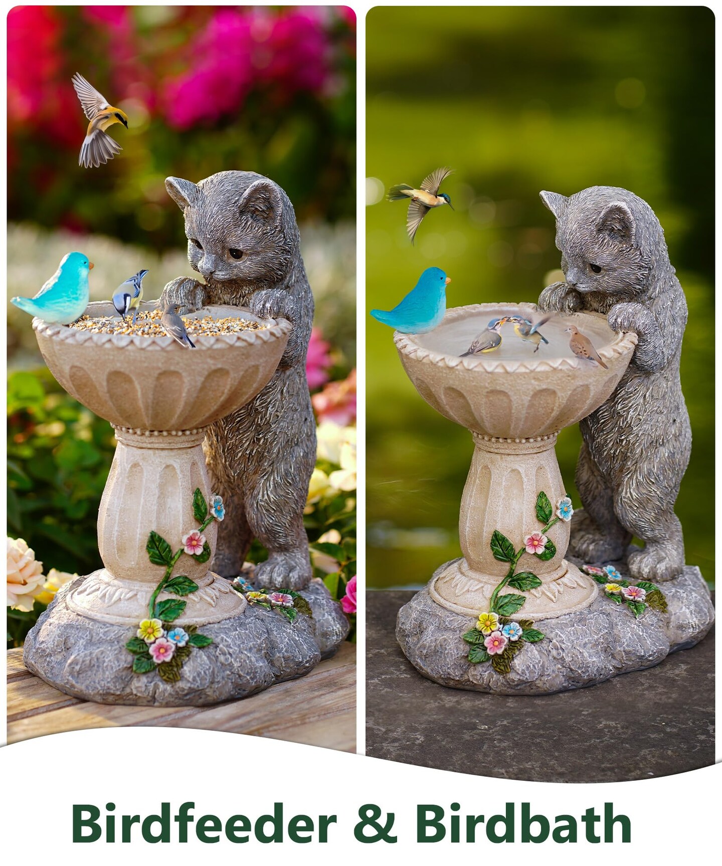 Solar Cat Statue for Garden Decor: IP44 Weatherproof Resin with Automatic Lighting - No Installation- Outdoor Yard Patio Balcony Art - Birthday Gifts for Bird Lovers Mom Grandma Women