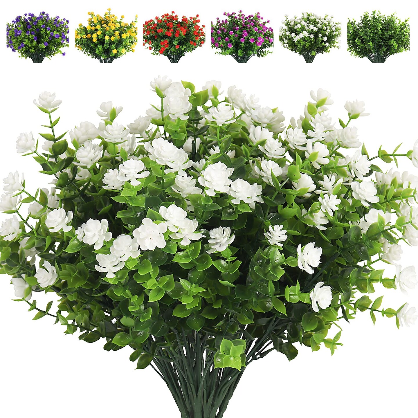 Artificial Flowers, Fake Boxwood Outdoor UV Resistant Plants Artificial Springs Flowers Eucalyptus Greenery Shrubs Bridal Wedding Bouquet for Home Garden Party Wedding Decoration(White)