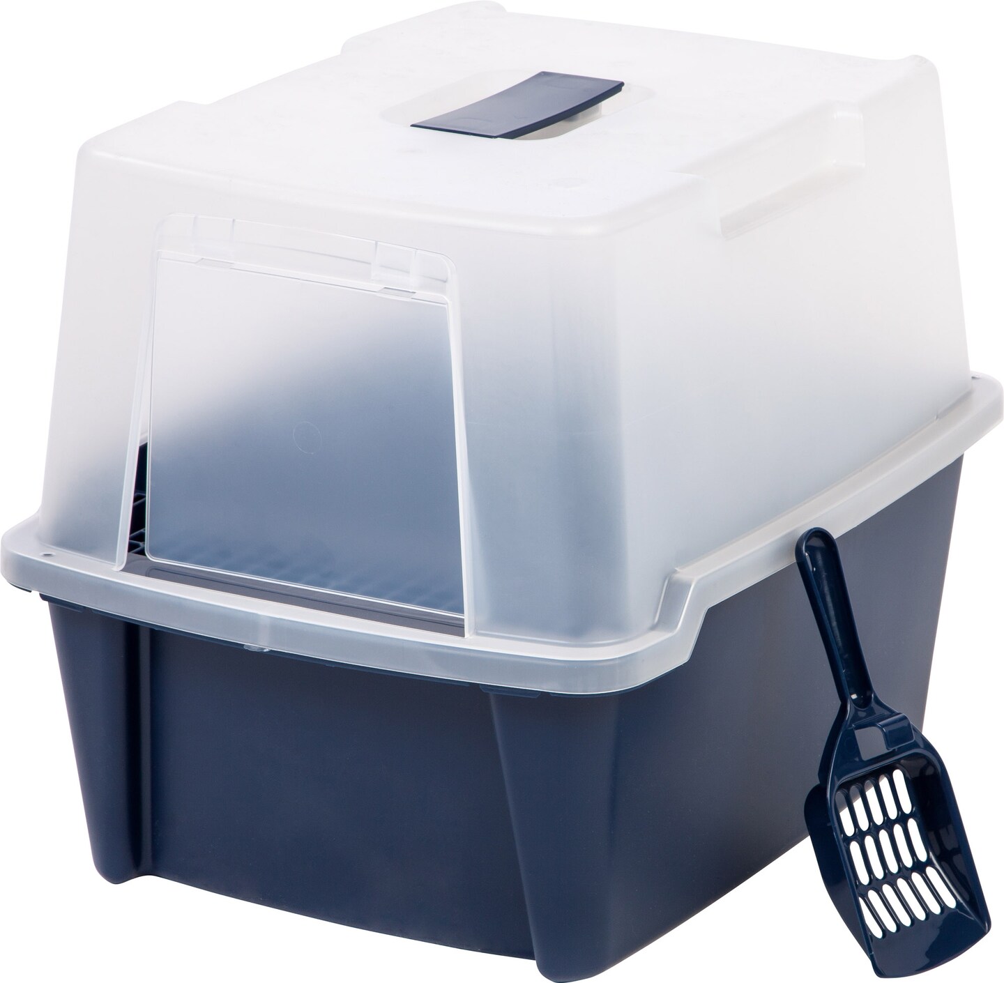 IRIS USA Large Enclosed Hooded Litter Box with Front Door and Scoop, Navy