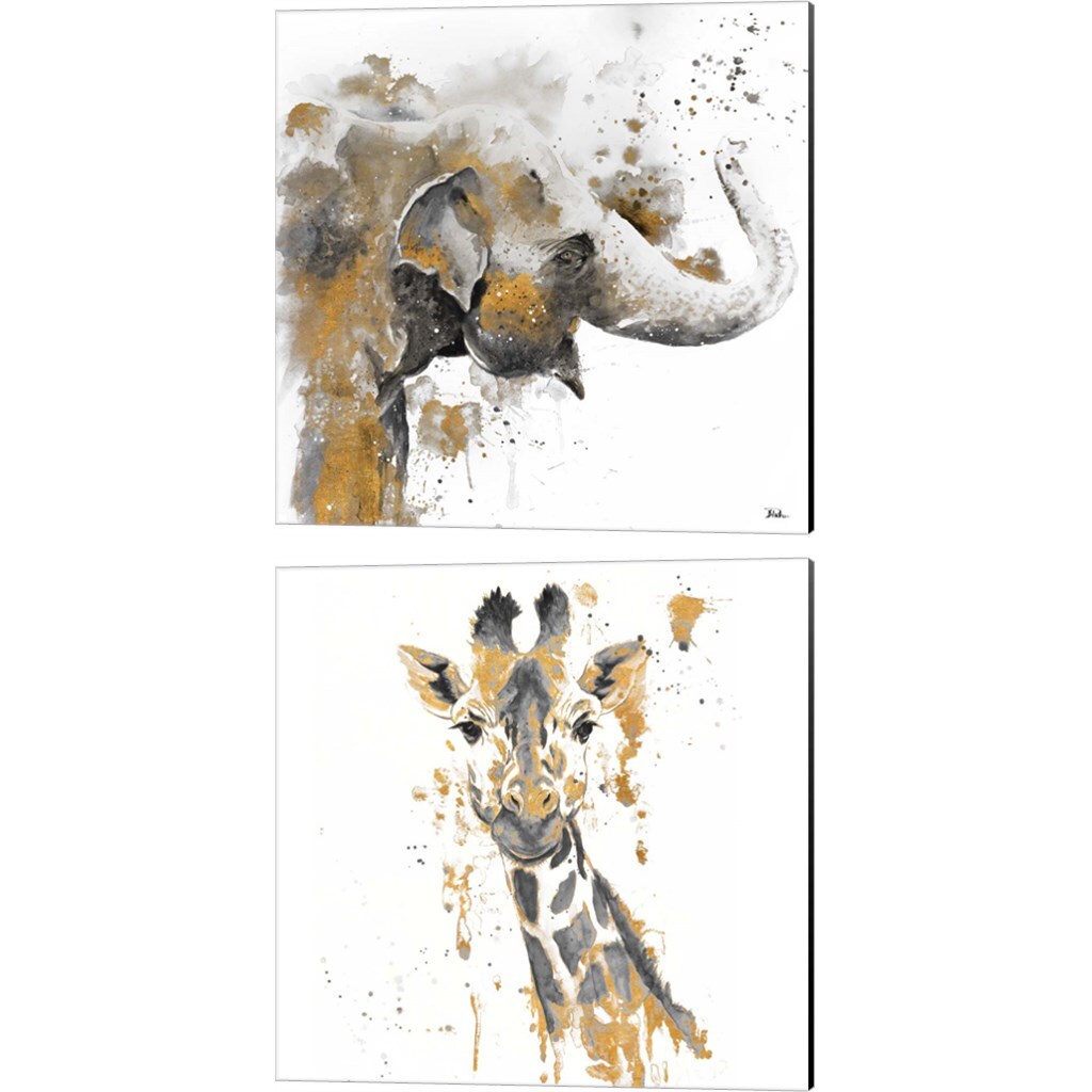 Water Elephant &#x26; Giraffe with Gold by Patricia Pinto 14&#x22; x 14&#x22; Canvas Wall Art (Set of 2)
