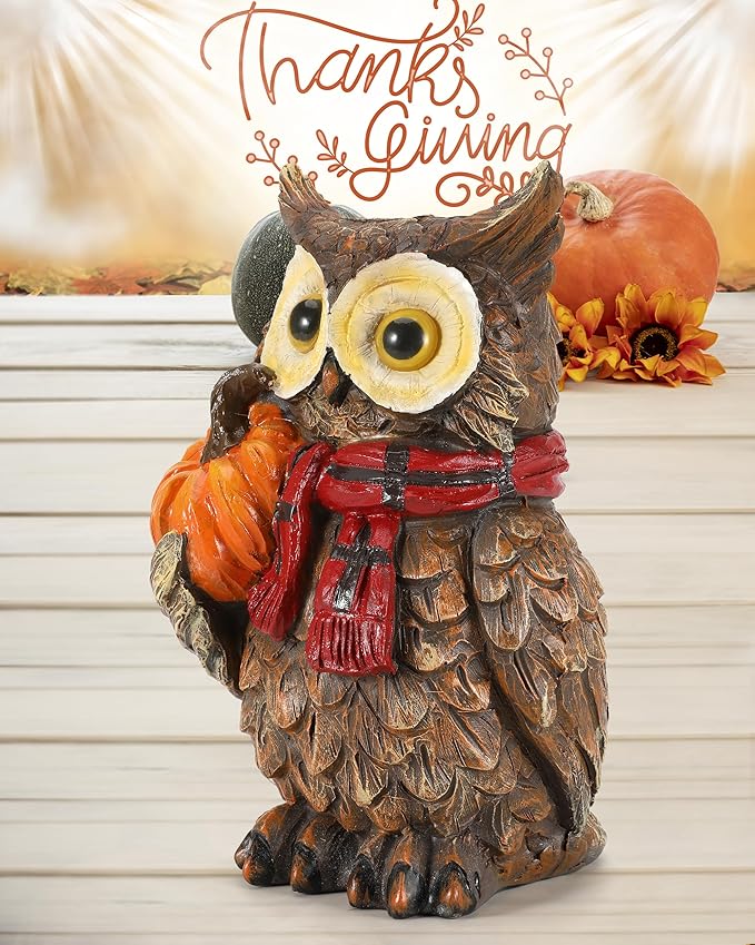 Fall Harvest Owl Ornaments - 7&#x22; Resin Craft with Red Scarf and Pumpkin for Thanksgiving Table Decorations Centerpieces Owl decor for shelves, desks, homes, offices, and gardens.