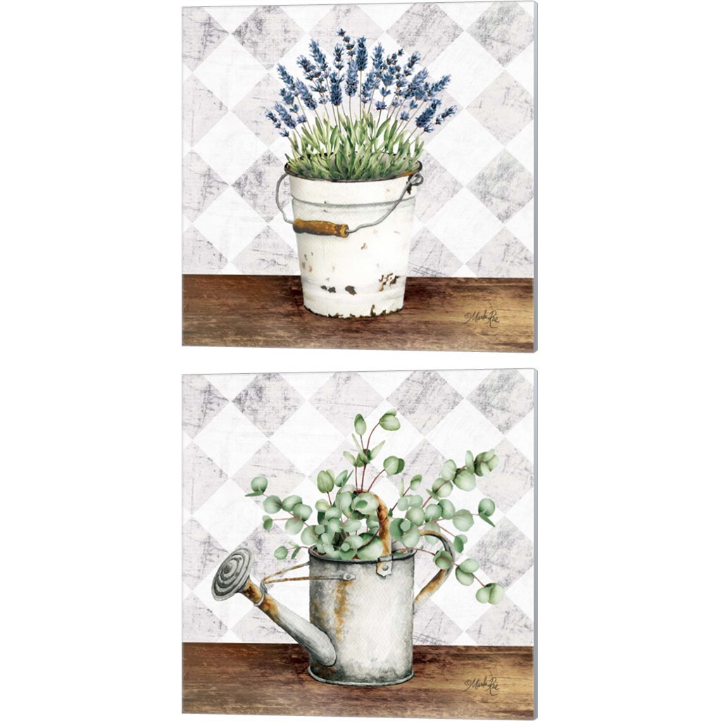 Purple Flowers Metal Bucket &#x26; Eucalyptus White Watering Can by Marla Rae 14&#x22; x 14&#x22; Canvas Wall Art (Set of 2)