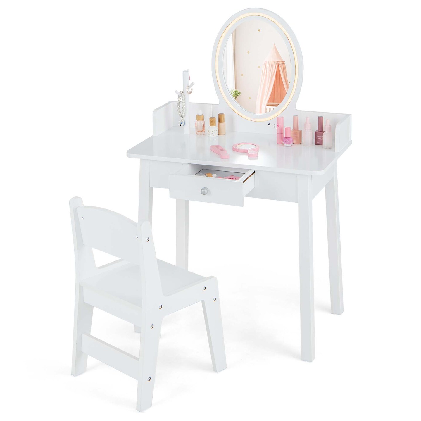 Costway Kids Vanity Set with Lighted Mirror Chair 2-Color LED Lighting for Girls Makeup White/Pink