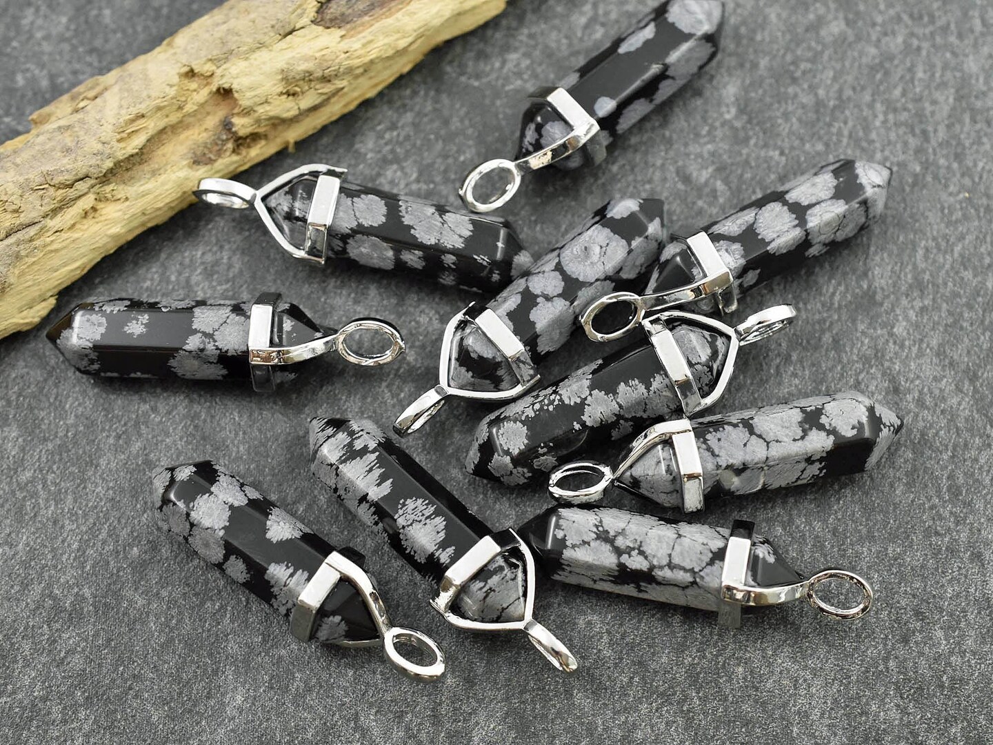 40mm Platinum Tone Natural Snowflake Obsidian Double Terminated Bullet Pendant