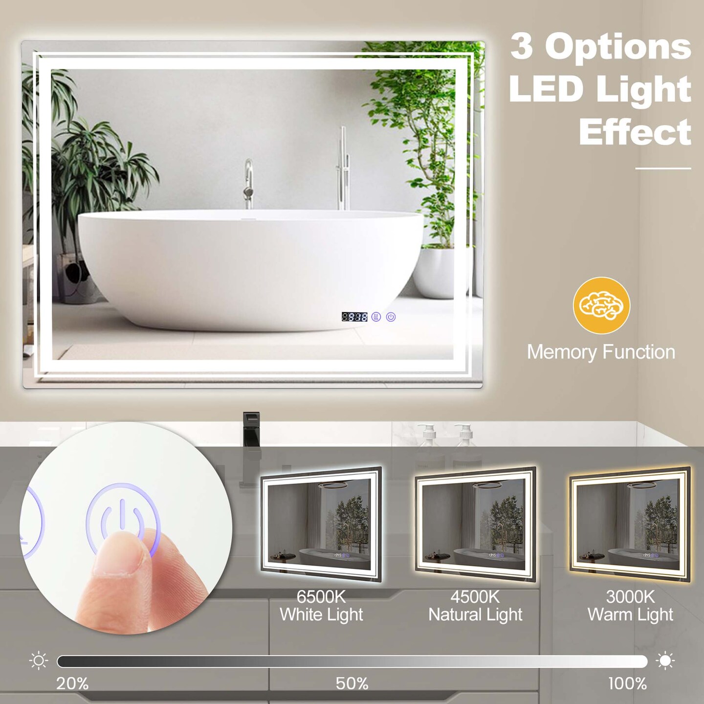 Costway 28&#x22; x 20&#x22;/32&#x22; x 24&#x22;/36&#x22; x 28&#x22; Defogging LED Bathroom Mirror Shatter-Proof Vanity Mirror 3 Colors