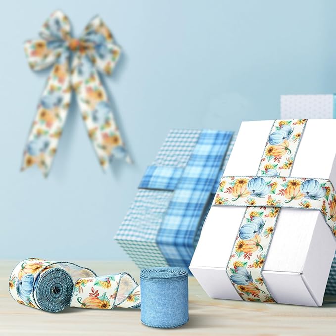 3 rolls (30 yards) of fall wired ribbon Thanksgiving Pumpkin, Buffalo Plaid Ribbon Autumn Harvest Ribbons for Wreaths, Bow Making Supplies, and Gifts Wrapping Decoration (Blue).