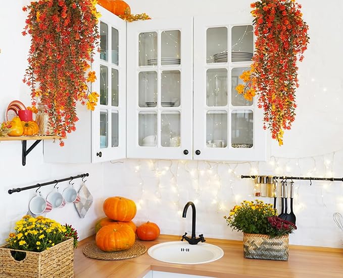 Fall Artificial Hanging Plants, Artificial Fall Flowers Faux Autumn Plants Faux Hanging Plants Artificial Plants Fake Plants for the Thanksgiving Indoor Outdoor House Wedding Garden Party (Salmon)