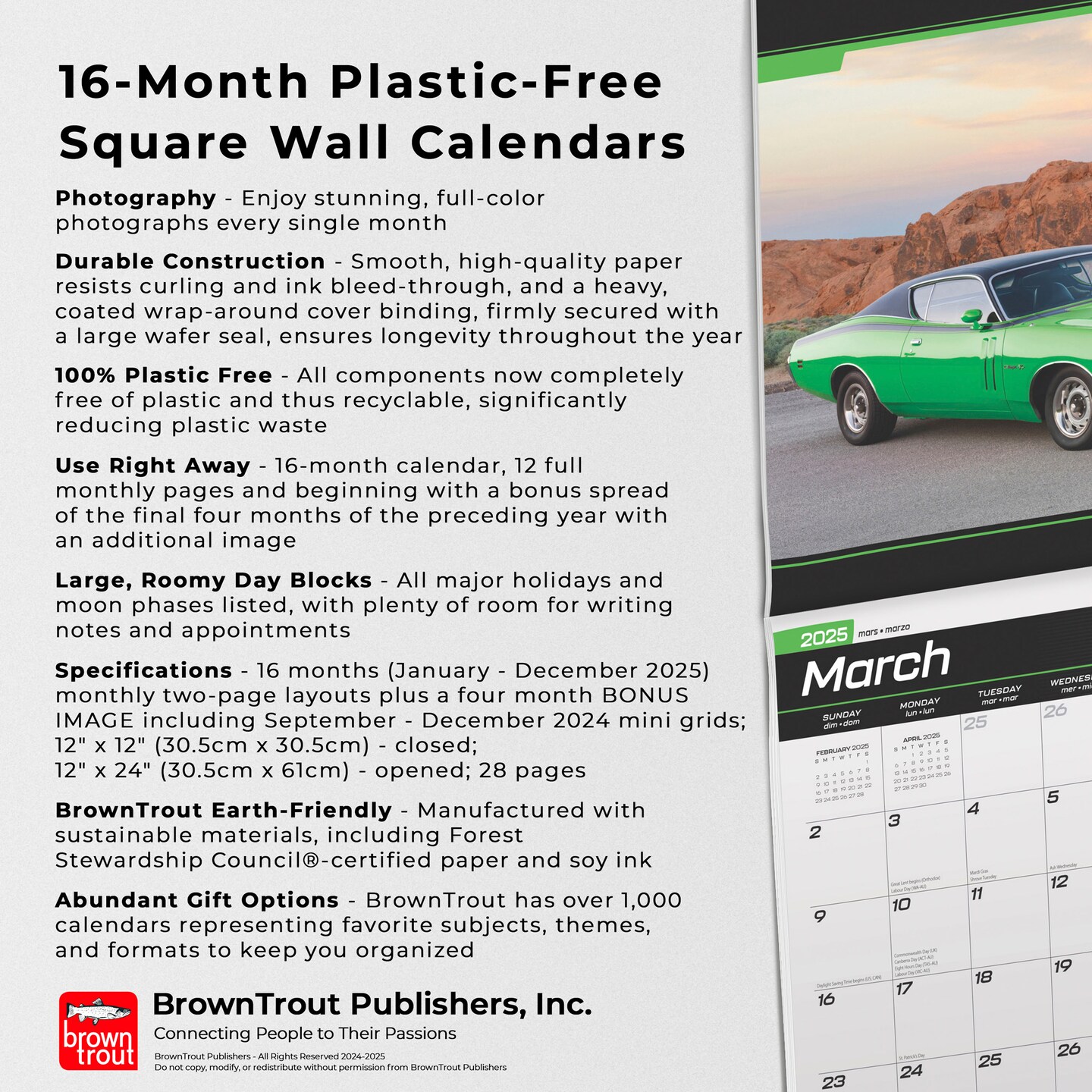 Dodge Charger OFFICIAL | 2025 12 x 24 Inch Monthly Square Wall Calendar | Foil Stamped Cover | Plastic-Free | BrownTrout | American Muscle Motor Car