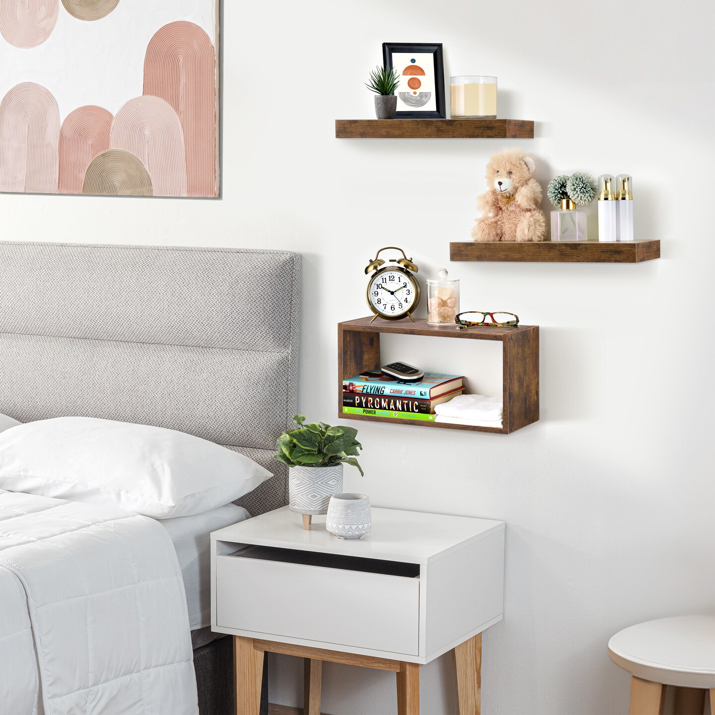 Sorbus Floating Shelves for Wall Set of 3 - Bathroom Shelves for Wall Storage, Over Toilet, Bedroom, Farmhouse, Wall Decor - 2 Floating Shelves with Invisible Brackets &#x26; 1 Rectangular Box