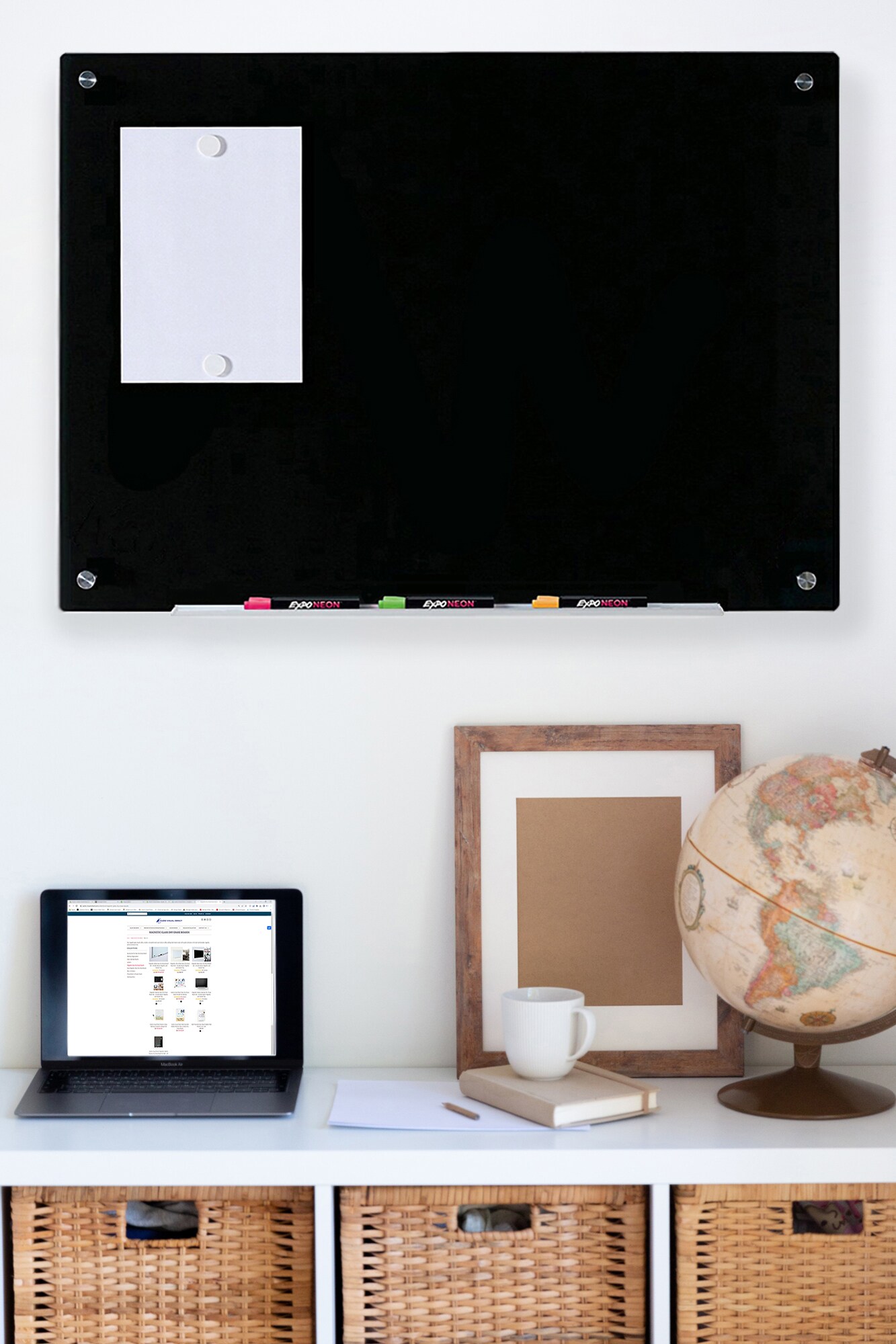 Audio-Visual Direct Magnetic Black Glass Dry-Erase Board Set Includes Magnets, Hardware &#x26; Marker Tray