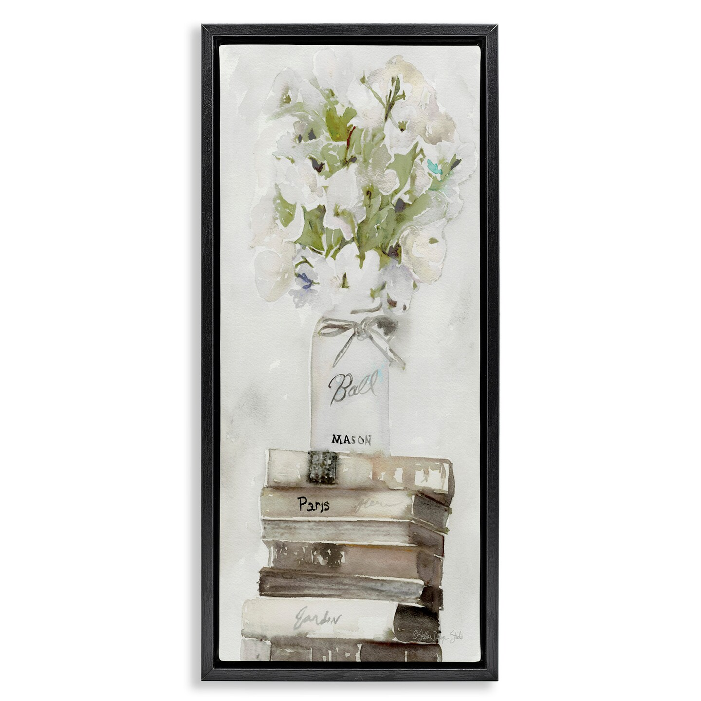 Stupell Industries White Florals on Distressed Books Framed Floater Canvas Wall Art