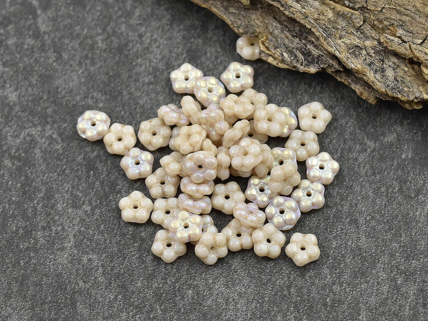 *50* 5mm Gold Washed Etched Opaque Ivory AB Forget Me Not Daisy Flower Spacer Beads