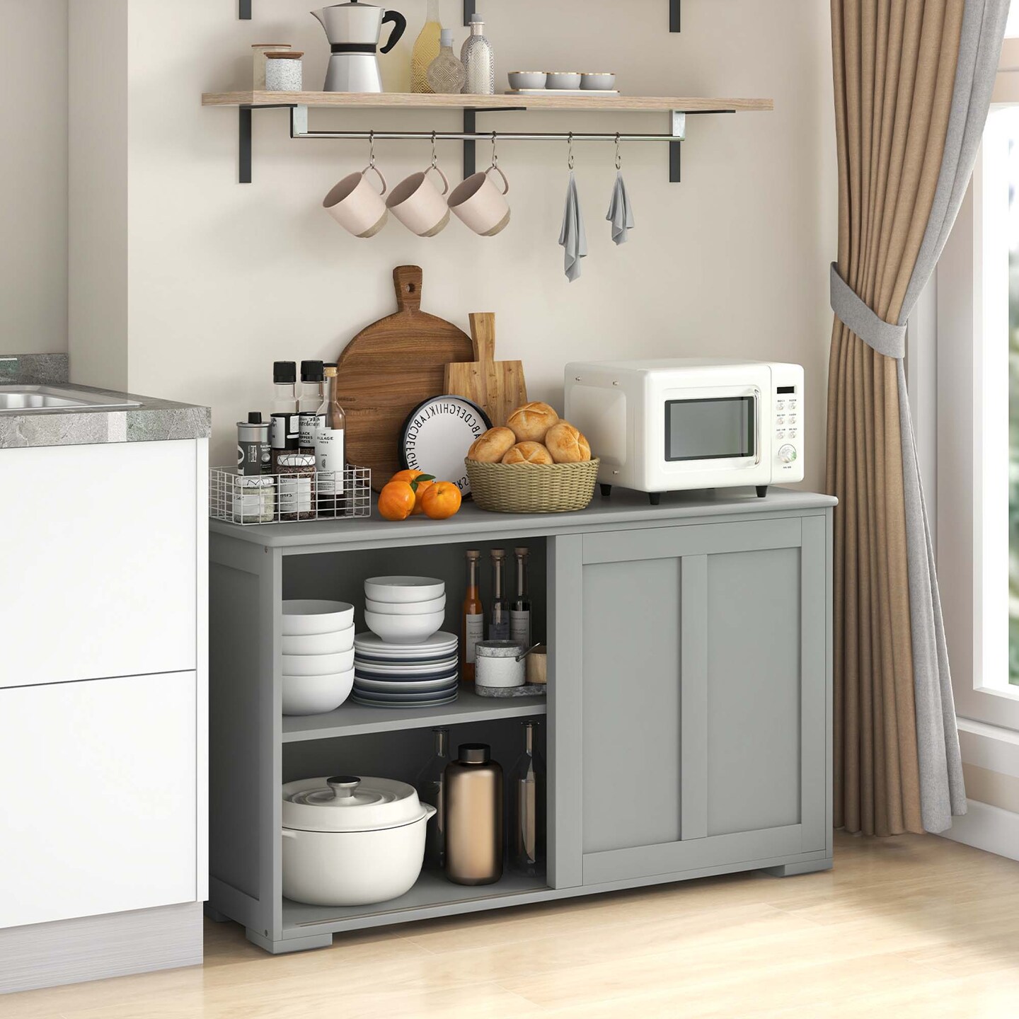 Costway Kitchen Storage Cabinet Sideboard Buffet Cupboard Wood Sliding Door Pantry Black/Gray/Brown/White