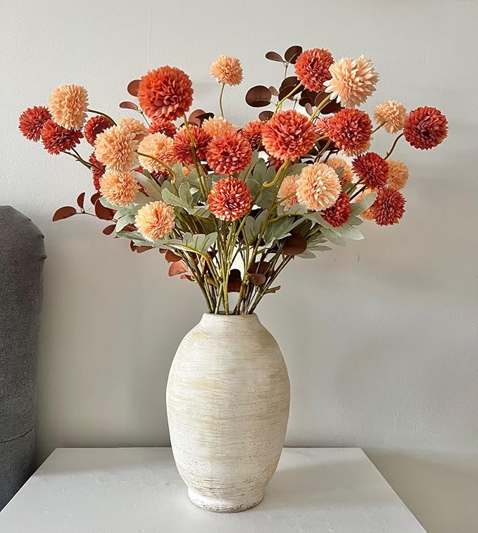 Burnt Orange Faux Kiku Flower 10 Stems + 18 Brown Eucalyptus Stems, Assorted Artificial Silk Mums Autumn Flowers, Mini Fake Chrysanthemum Flowers, Faux Stems Artificial