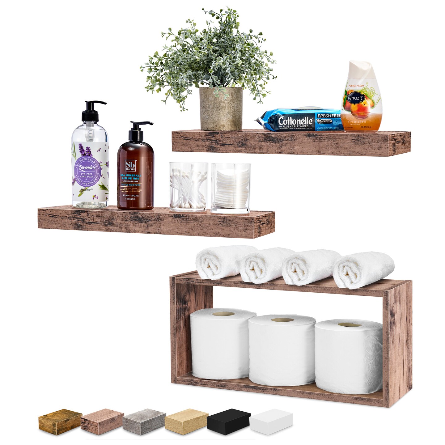 Sorbus Floating Shelves for Wall Set of 3 - Bathroom Shelves for Wall Storage, Over Toilet, Bedroom, Farmhouse, Wall Decor - 2 Floating Shelves with Invisible Brackets & 1 Rectangular Box