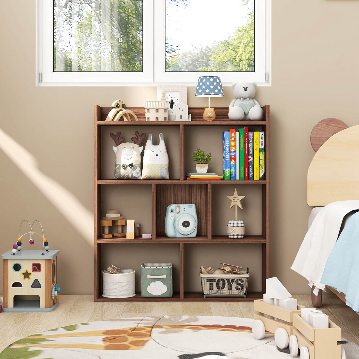 Costway 1/2 PCS 7-cube Bookcase Open Storage Shelf with Anti-tipping Kits for Living Room Walnut