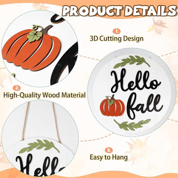 Hello Fall Decorations for Home - Fall Door Sign Pumpkin Wreath Hanger Decor Wall Door Decor for Indoor Outdoor Front Door Porch Farmhouse Turkey Wall Decorations