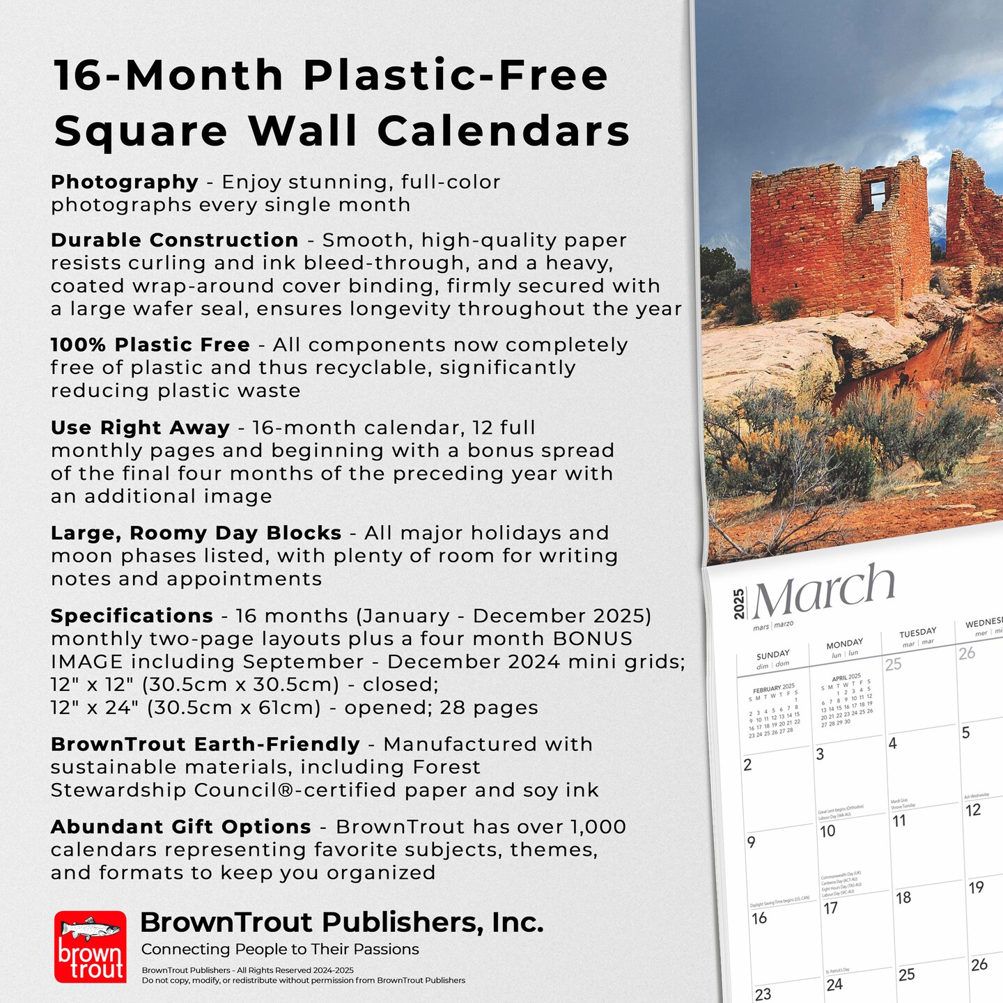 Utah National Parks &#x26; Monuments | 2025 12 x 24 Inch Monthly Square Wall Calendar | Plastic-Free | BrownTrout | USA Natural Bridges Mesa Verde Golden Spike