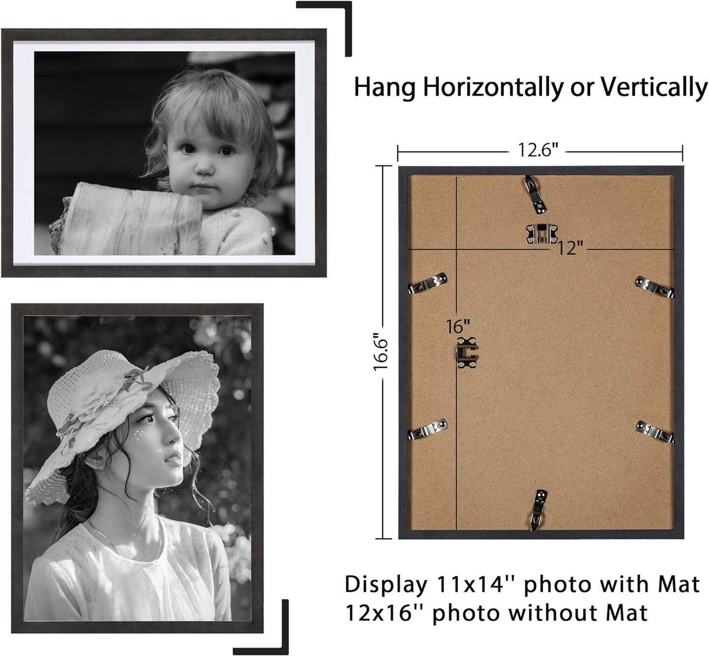 12x16 Frame 3 Pack, with Detachable Mat for 11x14 Pictures, Wall Mounting Charcoal Grey Photo Frame, Pre-Installed Hanging Hooks for Portrait or Landscape Mode