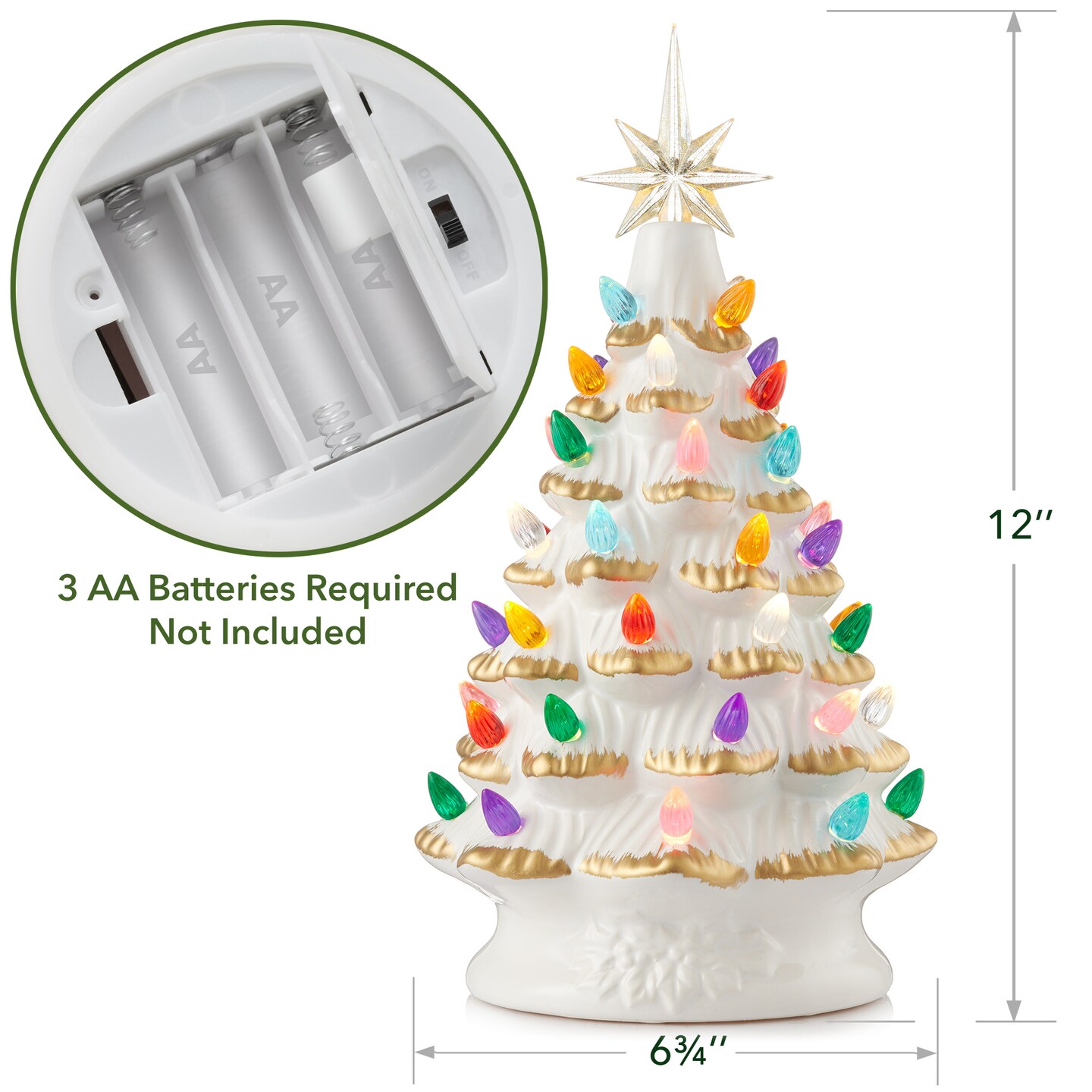 Casafield Hand Painted Ceramic Christmas Tree, 12-Inch Pre-Lit Tree with 100 Multi Color Lights and 2 Star Toppers