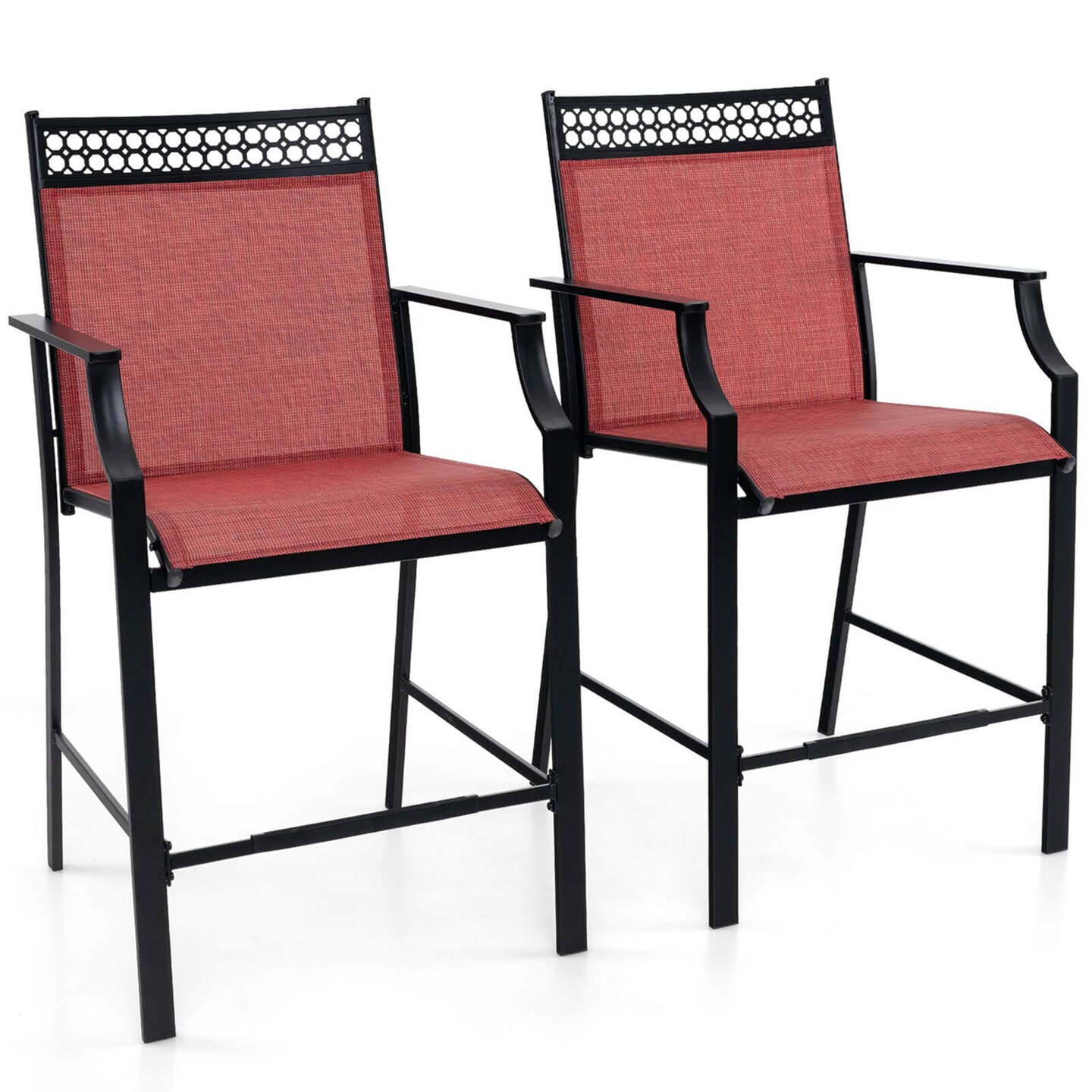 Costway Outdoor Counter Stools Set of 2 with Footrest & Armrests Metal Frame for Backyard Blue/Coffee/Red