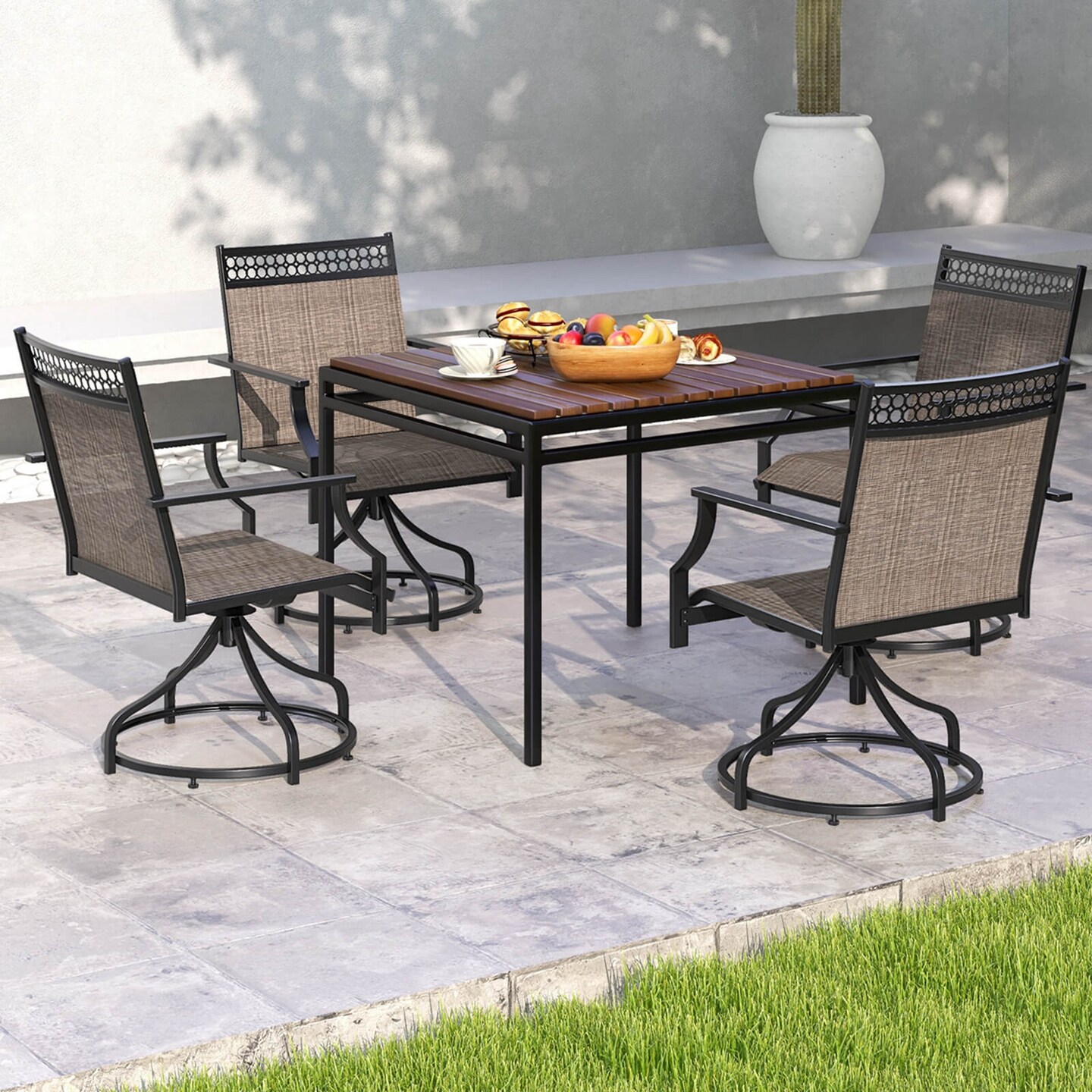 Costway Patio Swivel Dining Chairs Set of 2 with Quick-Drying Fabric and Metal Frame Brown/Gray