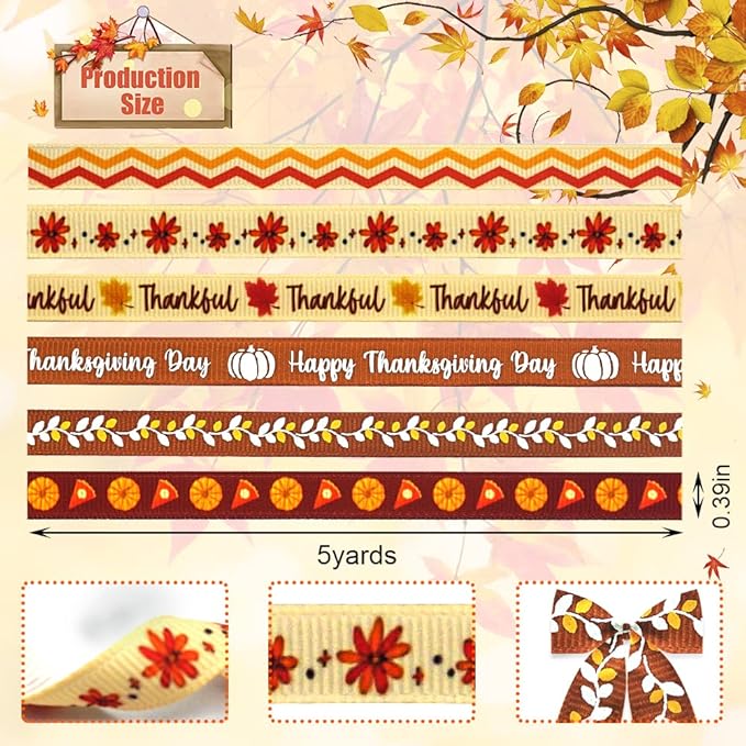 6 rolls of fall grosgrain ribbons for wrapping gifts, autumn orange leaf ribbons for decoration DIY party, 3/8&#x22; X 5 yards pumpkin Thanksgiving ribbon for gift wrapping fall crafts supplies.