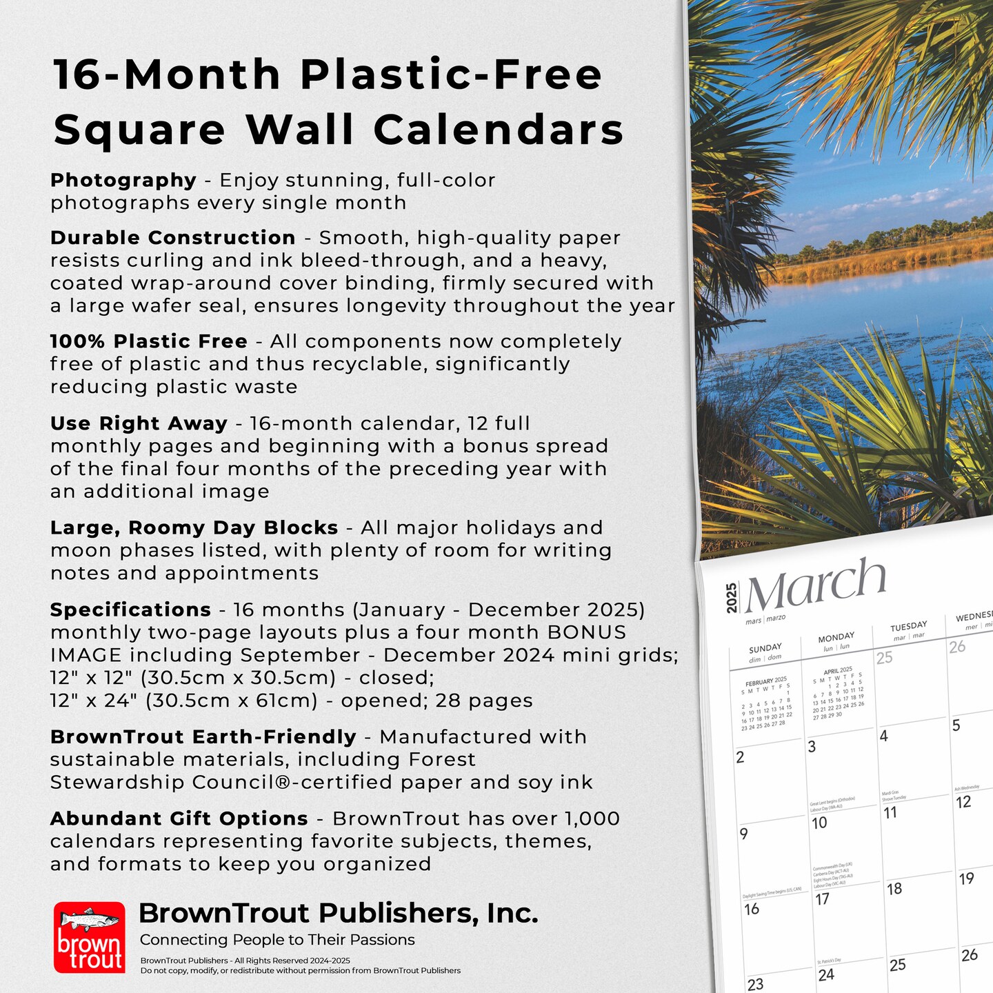 Florida Nature | 2025 12 x 24 Inch Monthly Square Wall Calendar | Plastic-Free | BrownTrout | USA United States of America Southeast State
