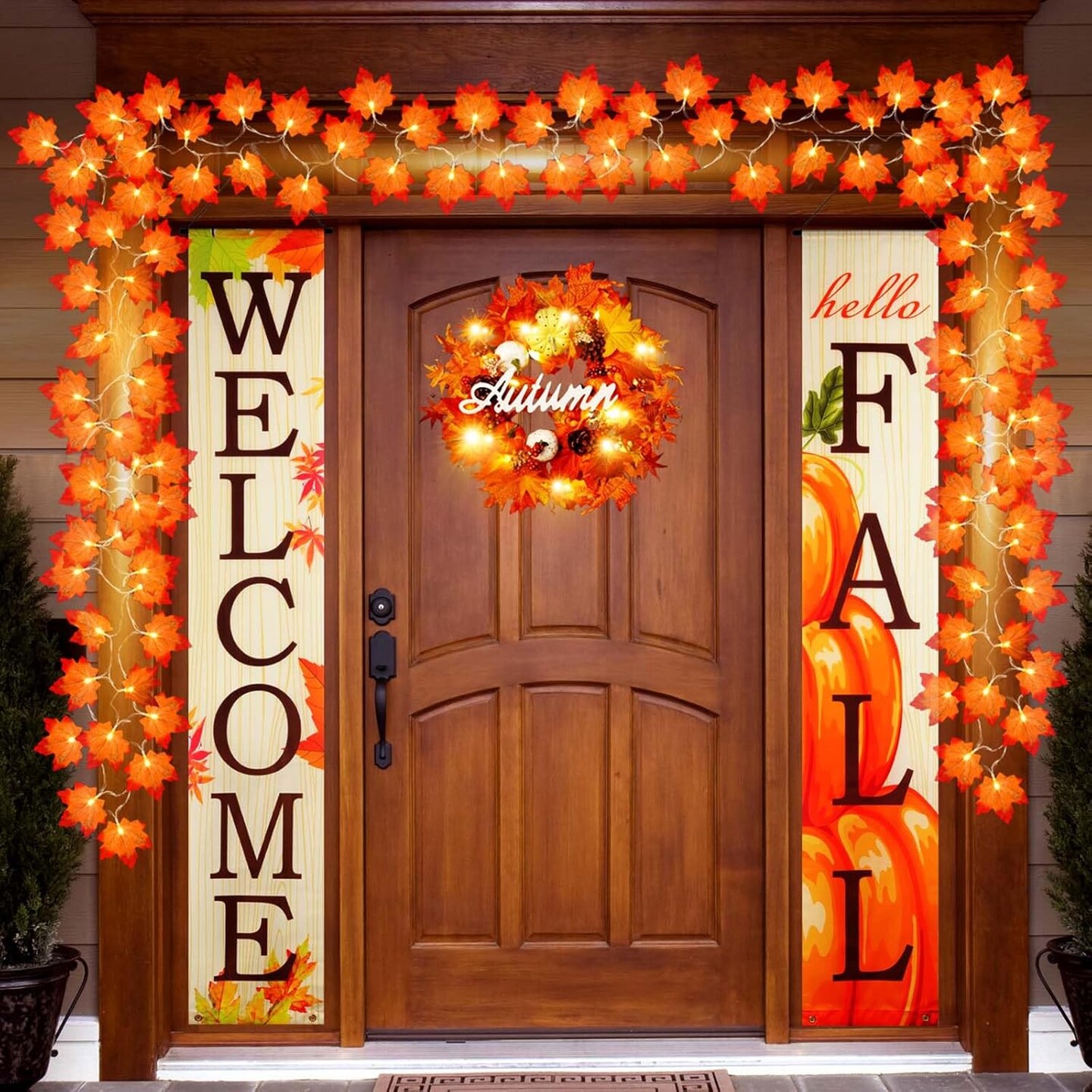 3 Pieces Fall Decorations for Front Door, LED Fall Wreaths, Maple Leaf String Lights, Welcome and Hello Fall Signs Porch Banners, Artificial Pumpkin Pinecone Wreath, for Thanksgiving Home Decor