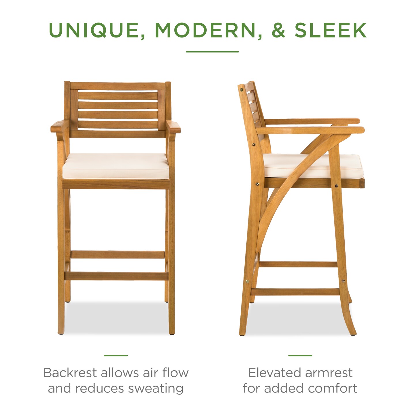 Best Choice Products Set of 2 Outdoor Acacia Wood Bar Stools Bar Chairs w/ Weather-Resistant Cushions