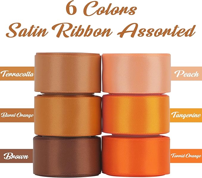 Terracotta Ribbon 1 inch Orange Double-faced Satin Ribbon Pack 6 Rolls, Silk Satin Ribbons for Fall Wedding Flower Bouquet Wrap Hair Bows Making Gift Wrapping and Crafts&#x2014;Total 30 Yards