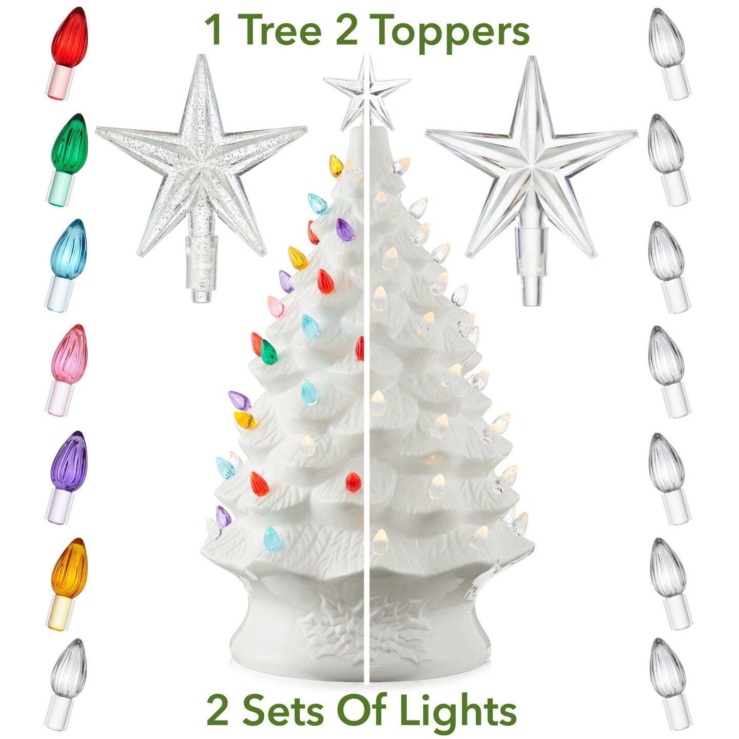 Casafield Hand Painted Ceramic Christmas Tree, 24-Inch Pre-Lit Tree with 148 Multi Color Lights and 2 Star Toppers